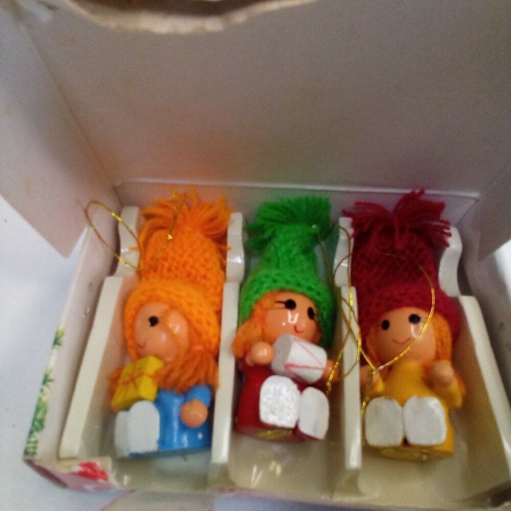 3 Hand Crafted Christmas Ornaments Vintage 1981 Taiwan Wood Dolls
